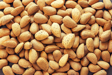 Large almond in the shell. Concept- healthy diet,  full source of vegetable protein in vegetarianism and raw food. Background.