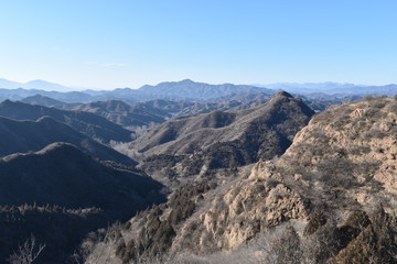 Mountainous landscape at the Great Wall in Jinshanling in winter near Beijing in China