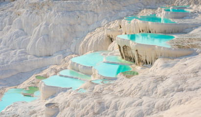 Pamukkale, natural pool with blue water, Turkey tourist attraction - obrazy, fototapety, plakaty