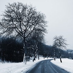 Road in winter. Snowy mountain path for a car. Concept for traveling and safe driving in winter by car.