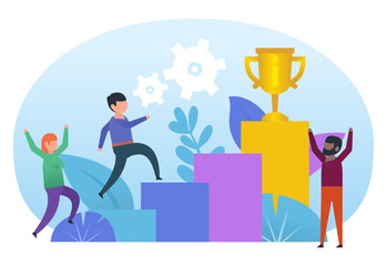 Man climbing up to golden cup by stairs. Career growth, success, goal achievement. Poster for web page, banner, presentation, social media. Flat design vector illustration