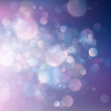 Colorful abstract vivid blur bokeh circles in soft color style background. Glitter holiday purple blue pink template. Luxurious natural texture. EPS 10