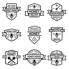 Set of honey labels template. Bee icons. Design element for logo, label, emblem, sign, poster.