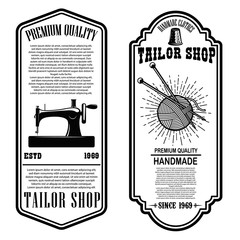 Vintage tailor shop flyer templates.  sew, tailor tools. Design elements for logo, label, sign, badge.