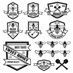 Set of vintage honey labels template. Bee icons. Design element for logo, label, emblem, sign, poster.