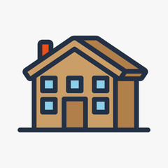 Two Floor Isometric House Building and Tree. Vector Flat Line Stroke Icon.