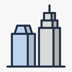 Isometric Skyscraper Business Building with Clouds Street View. Vector Flat Line Stroke Icon.
