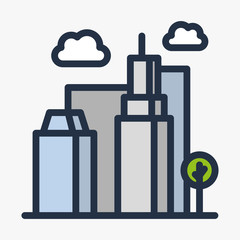 Isometric Skyscraper Business Building with Clouds Street View. Vector Flat Line Stroke Icon.