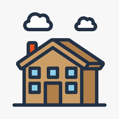 Two Floor Isometric House Building and Tree. Vector Flat Line Stroke Icon.