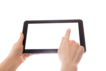 in human hands tablet computer touch-screen gadget with isolated