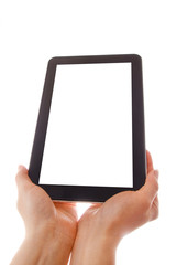 in human hands tablet computer touch-screen gadget with isolated