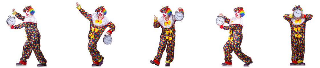 Funny male clown with alarm-clock 