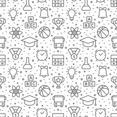 Education and science seamless pattern with icons in thin line style