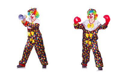 Funny male clown with boxing gloves and loudspeaker 