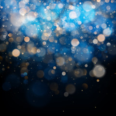 Christmas and New Year template with white blurred snowflakes, glare and sparkles on blue background. EPS 10