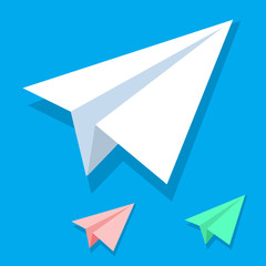 Handmade white paper plane vector icon set in isometric flat style isolated on blue background. Origami white orange and green airplane collection. Eps10