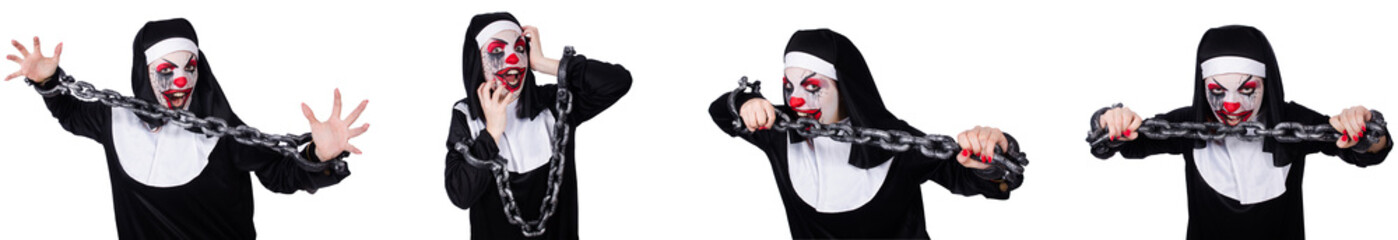 Weird female nun with shackles isolated on white 