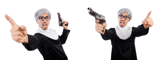 Man in nun dress with handgun 