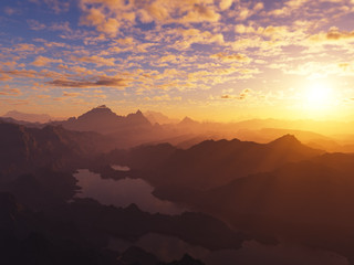 Dramatic burning sunset at mountains 3d rendering design background