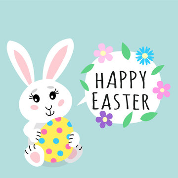 Easter greeting card. Cute rabbit bunny holding colored egg with dots with speech bubble with text sign Happy Easter and spring flowers. Funny cartoon kawaii character for holiday. Vector eps10