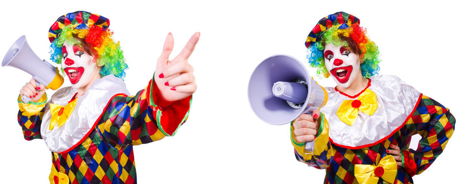 Funny male clown with megaphone