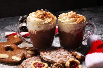 Hot chocolate cocoa with whipped cream for xmas on table