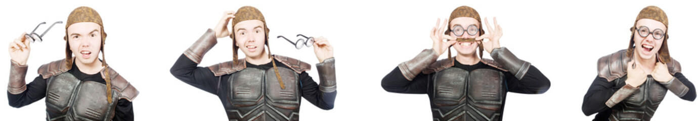 Young funny man in armour suit 