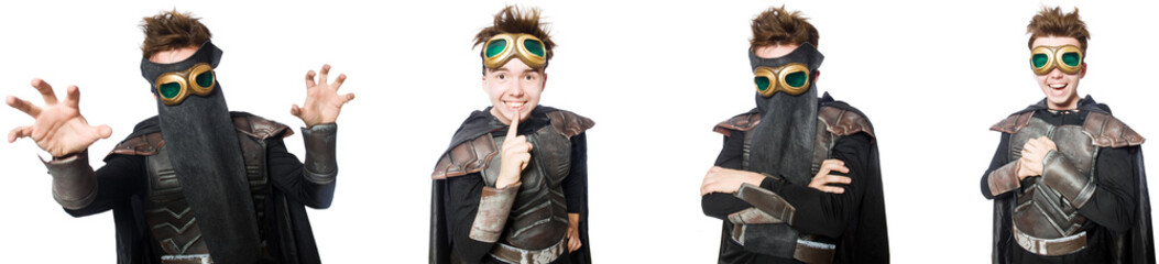 Young funny man in armour suit 