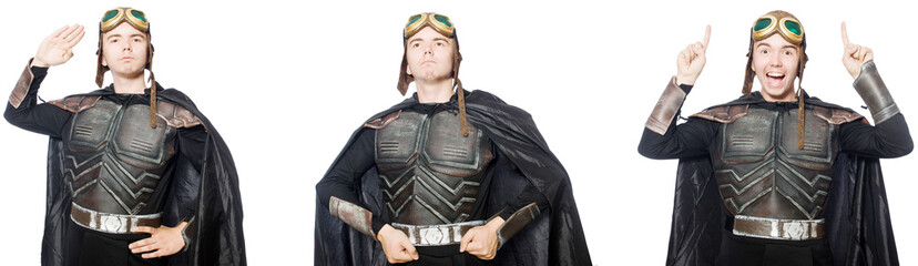 Young funny man in armour suit 