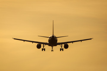 Silhouette of air plane landing at sunset