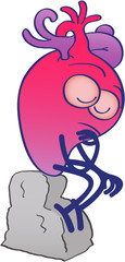 Human heart posing in seated position on a stone pedestal while putting its hand below its mouth, closing its eyes and keeping in deep thinking