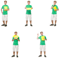 Fototapeta premium Young student with notes isolated on white 