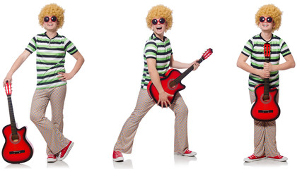 Young man with guitar isolated on white 