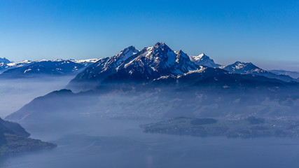 Switzerland, panorama view on Lucerne lake and Alps from Rigi