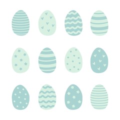 Set of Easter eggs. Stripes, waves, dots, hearts, stars. Perfect for holiday greetings. Vector illustration.