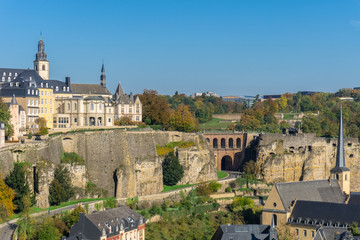 Fototapeta na wymiar Panoramic aerial view of Luxembourg city - Old Town with defense wall