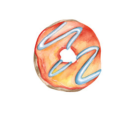 Watercolor orange donut . Sweet dessert with strawberry filling