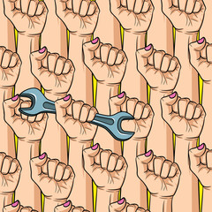 Color vector seamless pattern. Women's rights, female power, discrimination. Female hand with spanner in hand.