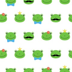 Cute green frog with flower, crown, bow, mustache cartoon character kawaii pattern