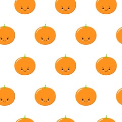 Seamless Pattern with Cute Oranges Fruit. Fresh Background with Stylized Citrus Fruits and Green Petals. kawaii