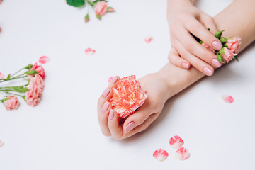 Plakat Creative photo of fashion female hands with clean skin and pink manicure hold flowers in hand on white background.