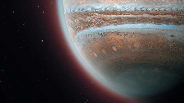 Jupiter planet in space, close up shot. Universe, solar system's giant, beautiful planet is rotating. 