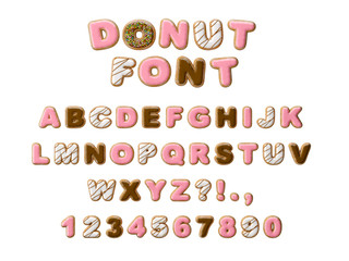 Donuts decorative font glazed sweet letters and numbers. Cute design. 3D illustration