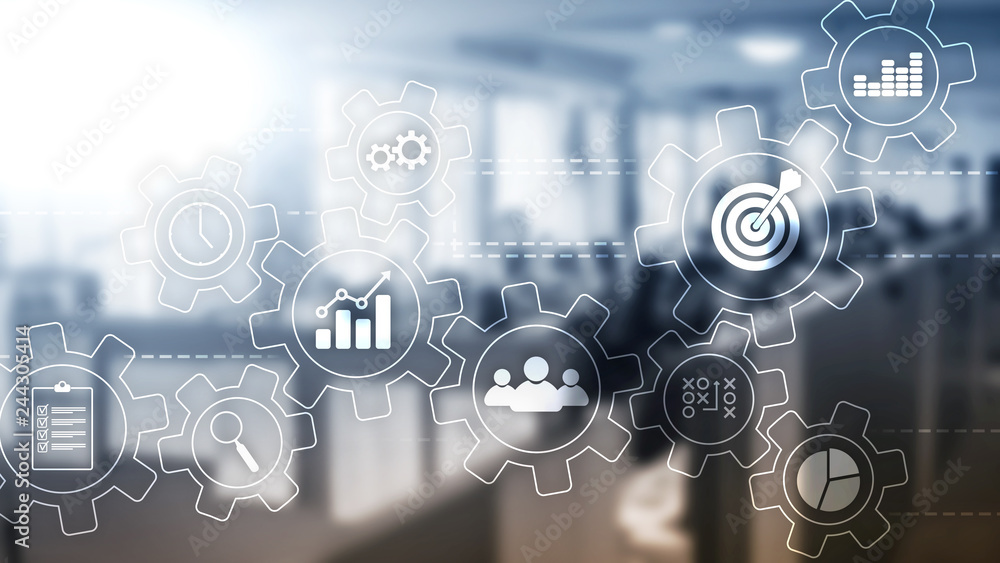 Poster business process automation concept. gears and icons on abstract background.