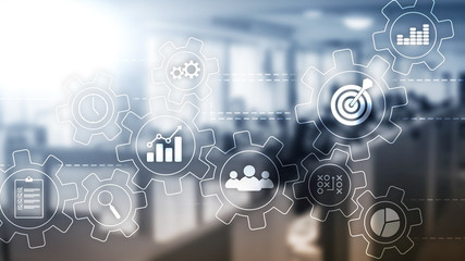 Business process automation concept. Gears and icons on abstract background.