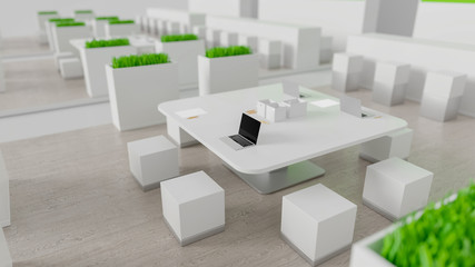 Empty white and green exhibition booth, copy space illustration, 3d rendering, retail concepts