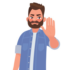 Serious man shows stop gesture. Vector illustration - obrazy, fototapety, plakaty