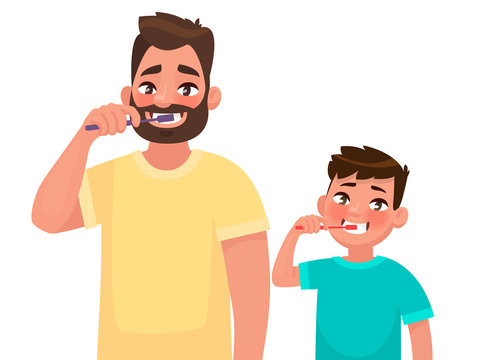 Father and son brush their teeth with toothpaste. Mouth Hygiene. Vector illustration