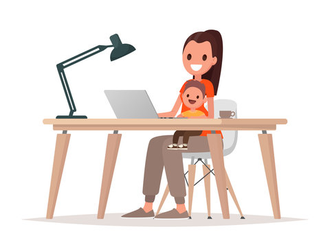 Young mother sits with a baby and works at a laptop. Mother freelancer, remote work at home and raising a child