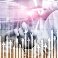 Up arrow graph on skyscraper background. Invesment and financial growth concept.
